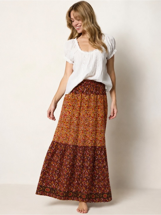 NATURAL LIFE Dresses & Skirts - NATURAL LIFE Floral Tiered Maxi Skirt in Rust and Burgundy